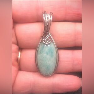 Wire Wrapped Amazonite Pendant Necklace Handmade OOAK